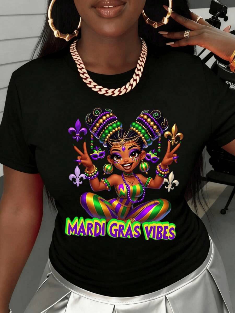 Colorful Figure With A Cheerful Woman In A Festive Pose Surrounded By Mardi Gras Symbols That Emit Positive Energy And Celebration; Modern Casual Comfortable Women's T-Shirt For Party And Summer - 黑色 - 查看 1