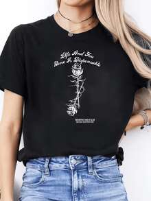 White Rose With Intertwined Stem Symbolizes The Eternal Connection Between Life And Love, Conveying Delicacy, Strength, And Inner Balance. Women's Casual, Modern, And Comfortable T-Shirt - 黑色 - 查看 8