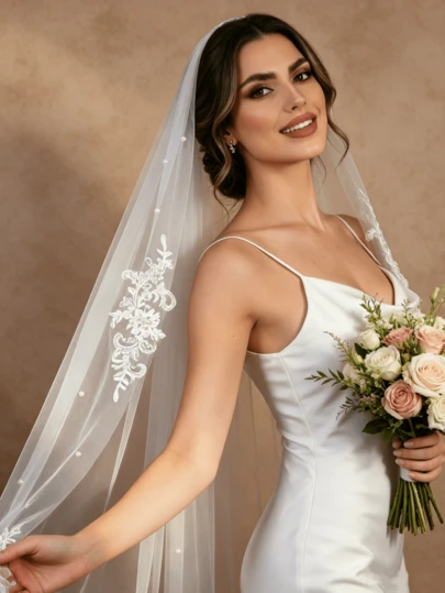 1pc Faux Pearl Lace Edge Bridal Veil, Single Layer Short With Hair Comb, Suitable For Wedding, Bachelorette Party, Civil Registration Photo Shoot