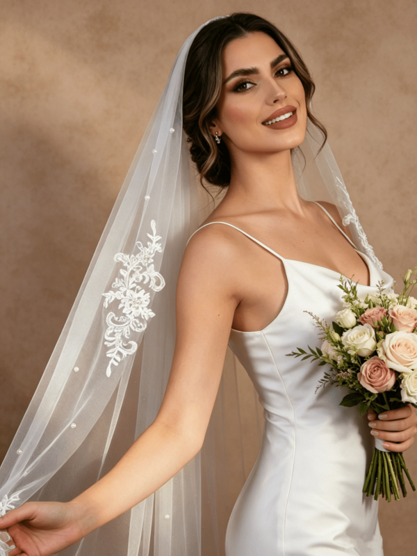 1pc Faux Pearl Lace Edge Bridal Veil, Single Layer Short With Hair Comb, Suitable For Wedding, Bachelorette Party, Civil Registration Photo Shoot
