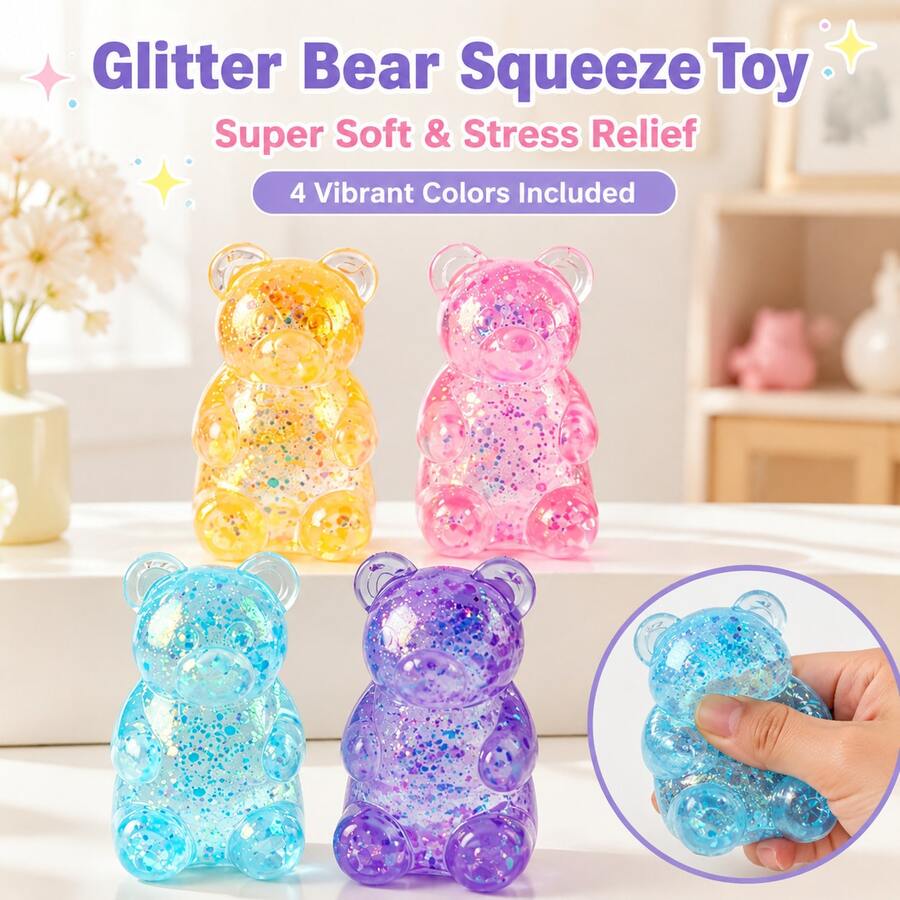 Questo giocattolo anti-stress a forma di orsetto in cristallo glitterato è un giocattolo a lento rimbalzo. La sua consistenza morbida ed elastica aiuta ad alleviare l'ansia ed è perfetto come regalo per il lavoro, lo studio, le feste o le vacanze, aiutando a ridurre lo stress. - Multicolore - Visualizzare 1