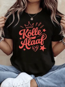 Heart Surrounded By Stars And A Crown Symbolizes Joy And Celebration In The Festive Cologne Style With Large Letters In Bright Red, Modern Casual Women's T-Shirt For Everyday Wear - 黑色 - 查看 1