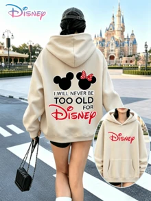 Disney Mickey And Minnie Mouse Y2K Patterned Sweatshirt With "I WILL NEVER BE TOO OLD" Printed On Both Sides. Fun Print, Loose Fit, Versatile, Perfect For Holiday Gifts. (Women's Autumn/Winter Clothing/Elegant Women's Outfits/Patterned Hoodies/Printed Tops/Casual Outfits For Women/Women Trending Now/Holiday Co-Ord/Plus Size Friendly) - Màu be - Xem 1