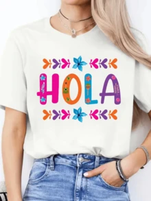 Colorful Words Spelling Out HOLA Surrounded By Blue And Orange Flowers Reflect Positive Energy And Mexican Joy, Perfect To Pair With A Casual Outfit. A Modern, Comfortable, And Vibrant Women's T-Shirt - 白色 - 查看 8