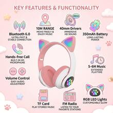 Kids Learning Cat Ear Bluetooth 6.0 Headphones With LED Glowing Light, Foldable Wireless Over-Ear Headset, 400mAh Battery 24H Endurance, AUX TF Card Compatible With PC Laptop For Kids Adults - 查看 10