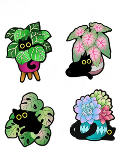 4件套可爱猫咪和多肉植物珐琅胸针，卡通风格胸针套装，适合儿童铅笔盒和服装装饰