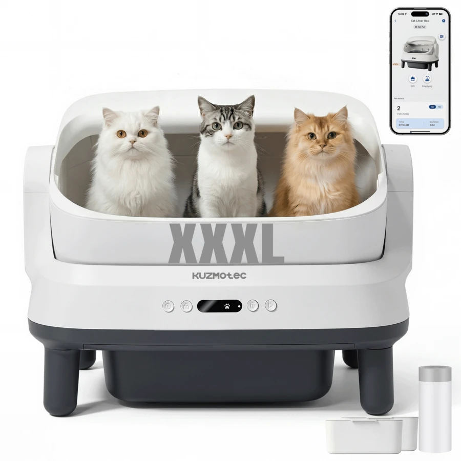 DEVOKO 90L Large Capacity Cat Litter Box Cat-Friendly Litter Box With Integrated Protection APP-Controlled Monitoring With Automatic Cleaning Solids Aromatherapy Deodorization Function Includes Litter Scoop And Filter Grid - White - View 1