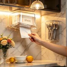 1pc Wall-Mounted Wet Wipe Dispenser, Transparent Plastic Storage Organizer, Self-Adhesive No-Drill Wet Wipe Holder, 13*14.5cm Compact Space-Saving Tissue Box, Waterproof Dustproof Wipes Container For Bathroom, Kitchen, Baby Changing Table, Bedroom, Living Room & Home Daily Use - Màu trắng trong suốt - Xem 4