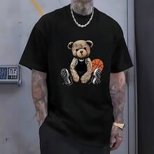Camiseta unisex de manga corta casual con estampado de oso para verano - Negro - Ver 1