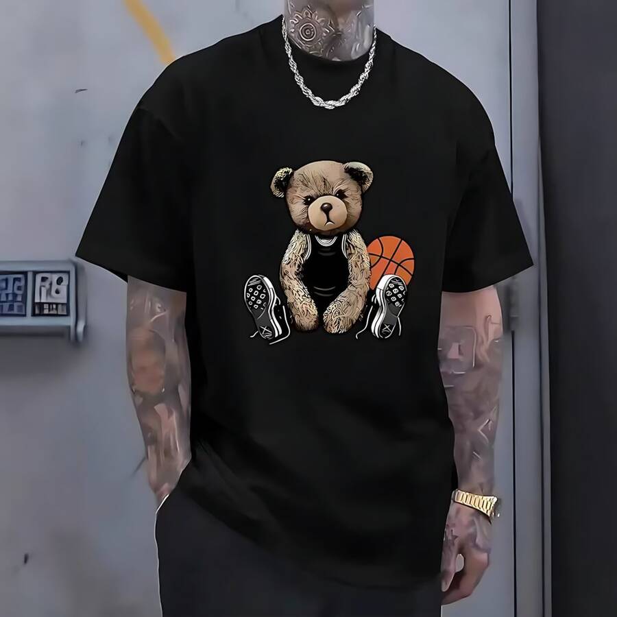 Camiseta unisex de manga corta casual con estampado de oso para verano - Negro - Ver 1