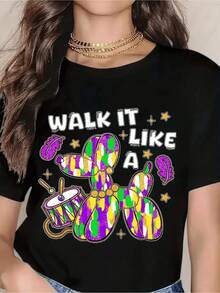 A Dog Figure Made With Multicolored Balloons Next To A Drum Represents Joy, Rhythm And Fun With Details In Bright Tones And Golden Sparkles. Modern Casual Women's T-Shirt - 黑色 - 查看 8