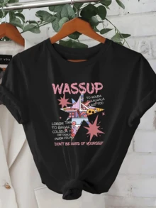 A Burst Of Colors With Abstract Shapes, Stars, And Geometric Figures That Convey Positive Energy And A Fun Attitude. A Modern, Casual Women's T-Shirt For Everyday Wear. - 黑色 - 查看 1