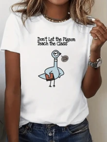 Paloma caricaturesca azul sosteniendo un libro transmitiendo humor escolar y energía divertida camiseta de mujer casual moderna para uso diario cómoda y atractiva - Blanco - Ver 1