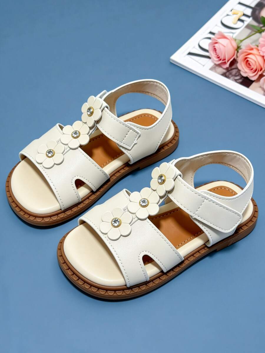 1双时尚儿童凉鞋,米色女童平底凉鞋,米色水钻花朵公主鞋,软底防滑耐磨,适合夏季郊游、宴会、聚会、派对、节日、休闲度假 - 米色 - 查看 1