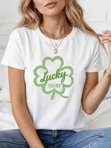 Green Clover Symbolizing Good Fortune And The Positive Spirit Of A Teacher Who Inspires Confidence And Joy Every Day. Comfortable White Casual Women's T-Shirt For Everyday Wear. - 白色 - 查看 1