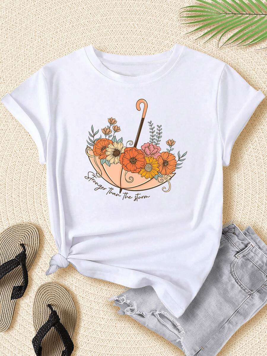 An Umbrella Filled With Vibrant Flowers Symbolizing Hope And Strength In The Face Of Challenges, Conveying Positive Energy And Natural Beauty. A Comfortable, Casual Women's T-Shirt For Everyday Wear. - 白色 - 查看 1