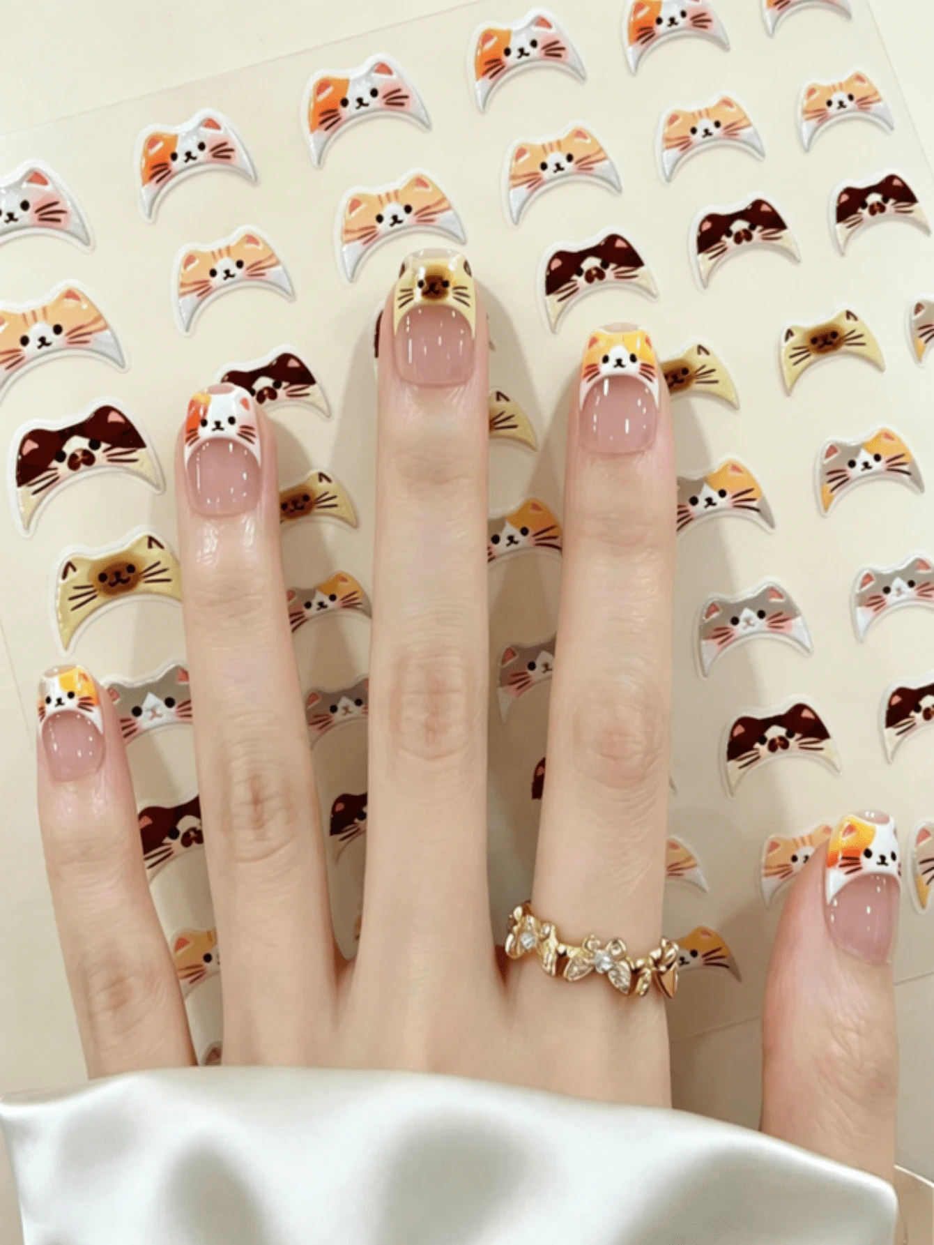 Cute Cat Face French Tip Nail Stickers, 1 Sheet 5D Self-Adhesive Kitten Pattern Nail Decals, Kawaii Cartoon Cat Head Nail Art Decor For Girls & Cat Lovers DIY Manicure - Multicolor - View 1