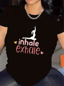 Image Of A Woman Practicing Yoga With Motivational Words Inhale Exhale That Inspire Calm, Balance And Positive Energy For The Day. Comfortable Casual Women's T-Shirt For Everyday Wear - 黑色 - 查看 6