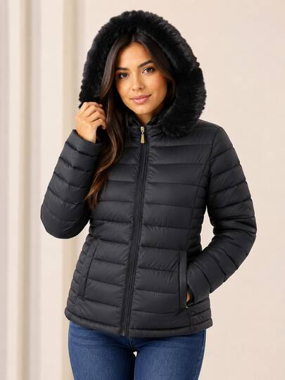 Jaqueta Feminina Puffer Apeluciada Forrada com Pelúcia Capuz com Pelo Removível Frio Inverno Impermeável