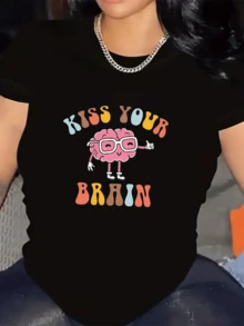 Cerebro sonriente con gafas grandes que levanta el pulgar y transmite un mensaje de amor propio y alegría colorida camiseta de mujer casual cómoda para uso diario - Negro - Ver 1