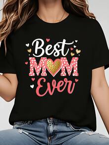 The Best Women's Leopard Print T-Shirt, Cute Casual T-Shirt With Heart Design, Soft And Comfortable For Everyday Wear, Mother's Day Gift, In Black/White, Machine Washable, Suitable For Parties And Other Occasions. - 黑色 - 查看 5