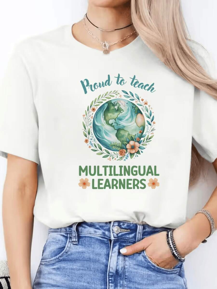 Planet Surrounded By Green Leaves And Flowers Symbolizing Cultural Unity And Pride In Teaching Multilingual Students With A Positive Educational Message. Modern Casual Women's T-Shirt - White - View 1