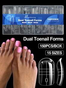 150Pcs Clear Dual Toenail Forms, 15 Sizes Polygel Toenail Extension Molds With Scale, Quick Extension Tips For Acrylic/Builder Gel, Salon & Home DIY Pedicure Nail Art - Clear - View 1
