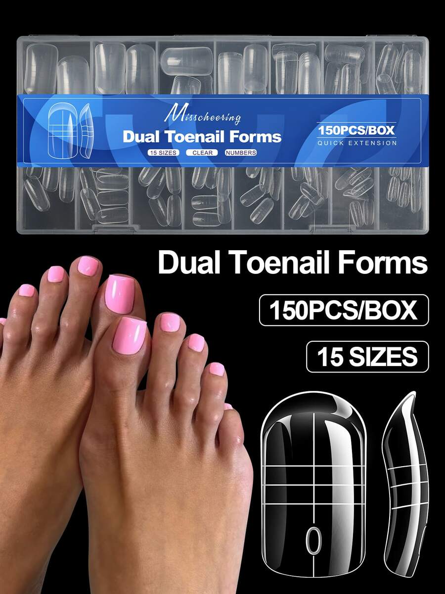 150Pcs Clear Dual Toenail Forms, 15 Sizes Polygel Toenail Extension Molds With Scale, Quick Extension Tips For Acrylic/Builder Gel, Salon & Home DIY Pedicure Nail Art - Clear - View 1