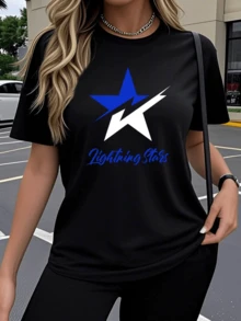 A Bright Blue Star Pierced By A White Ray Symbolizes Energy, Strength, And Hope, Inspiring The Wearer To Stand Out With Confidence And Elegance. A Modern Women's T-Shirt For Everyday Wear. - 黑色 - 查看 6