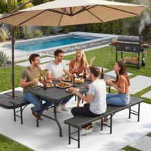 DEVOKO Beer Tent Set, Foldable Garden Furniture Set With Table And 2 Benches, HDPE Rattan Look, Waterproof Outdoor Dining Table Set For Camping, Patio, Garden - Black - View 1