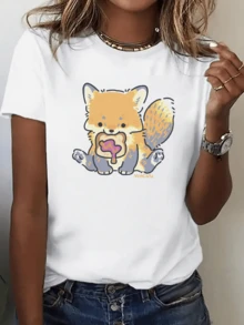 Adorable Fox Holding A Bone-Shaped Treat Conveys Tenderness And Joy, Recalling Simple, Happy Moments Of The Day. Women's Casual, Modern, And Comfortable T-Shirts For Everyday Wear. - 白色 - 查看 6