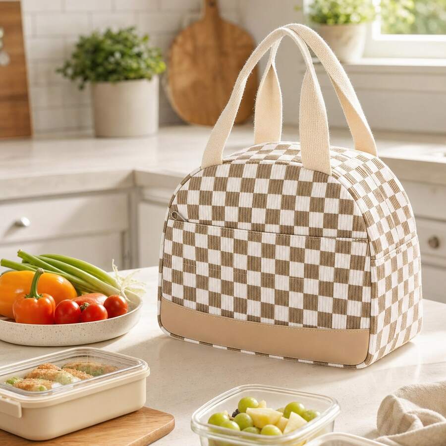 1pc Corduroy Insulated Lunch Bag, Reusable Lunch Box To Keep Food Fresh And Delicious, Unisex Waterproof Thermal Lunch Tote With Zipper, Suitable For School, Work, Home, Travel, Picnic, Camping, Khaki Plaid - Khaki - View 1
