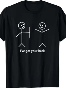 Two Stick Figures Show Humor And Friendship; One Supports The Other's Back, Symbolizing Support, Trust, And Solidarity. A Fun, Casual, Comfortable Women's T-Shirt For Everyday Wear. - Black - View 1