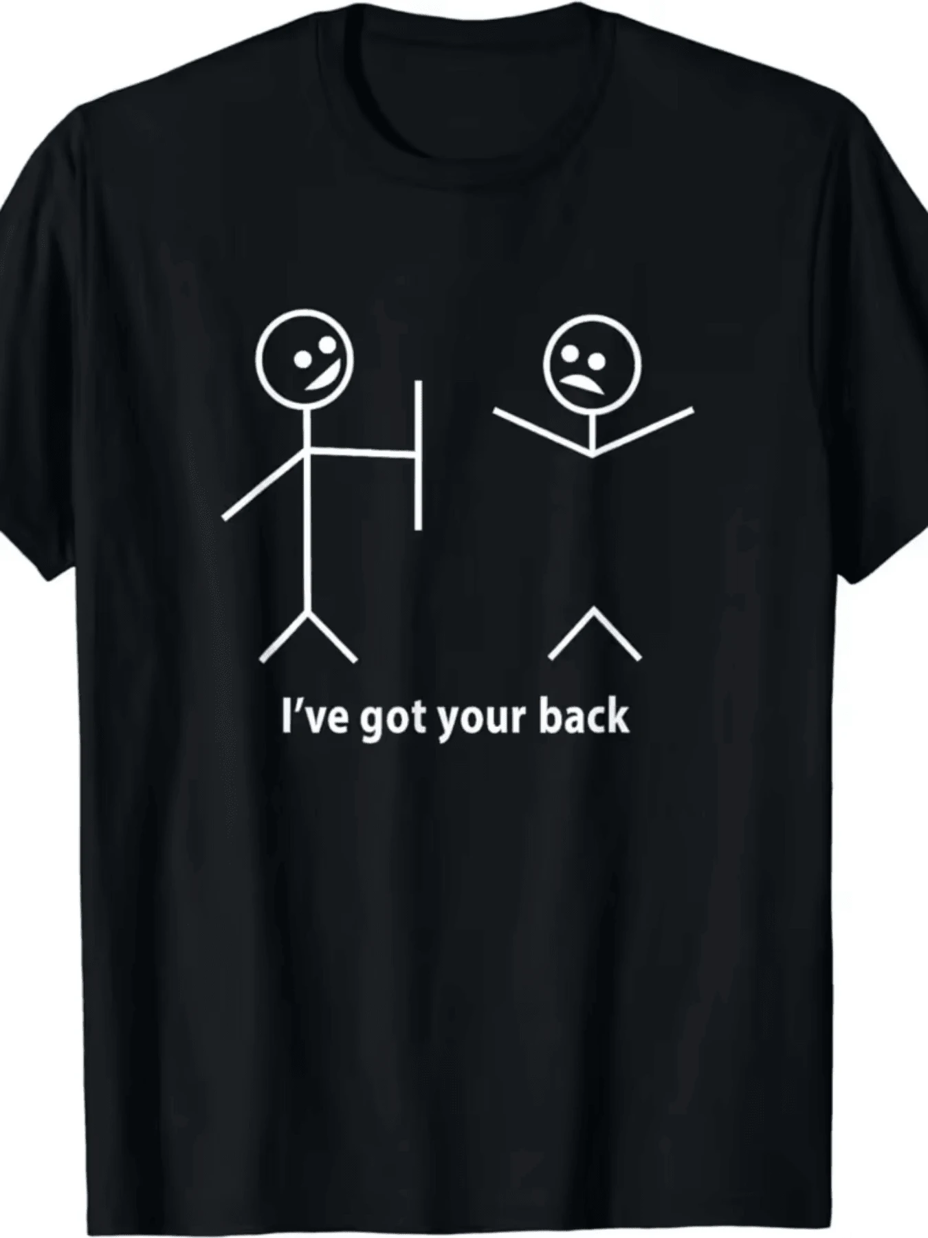 Two Stick Figures Show Humor And Friendship; One Supports The Other's Back, Symbolizing Support, Trust, And Solidarity. A Fun, Casual, Comfortable Women's T-Shirt For Everyday Wear. - Black - View 1