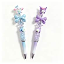 SANRIO （单支装）三丽鸥DIY串珠笔 - 时尚钻石造型圆珠笔 - 三丽鸥IP主题（蝴蝶结和星星图案） - 渐变笔杆，适合学生和日记本 - 小巧的生日礼物 - A - 查看 1