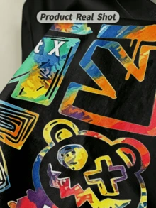 Summer Casual Soft Cotton Printed Crew Neck Short-Sleeve Top With Retro European Street Y2K Style. - Black - View 3
