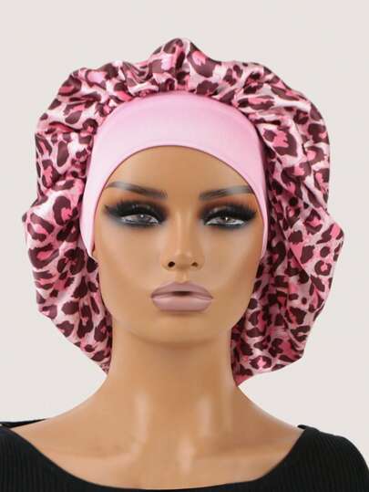 1pcPink Leopard Print Wide-Band Satin Hair Bonnet, Made Of Smooth Satin & Cotton Fabric, Sweet & Bold Style With Contrast Leopard Print & Pink Headband, Anti-Frizz & Breathable; Ideal For Sleep, SPA & Travel, Pink Leopard Print Available.