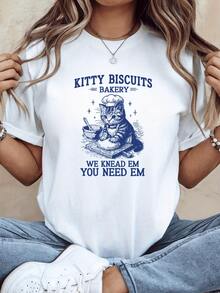 Baker Cat Tenderly Mixing Dough On A Kitchen Table Symbolizing Patience, Creativity And Love For Craftsmanship. Casual Women's T-Shirt With A Fun Print, Ideal For Everyday Wear. - 白色 - 查看 6