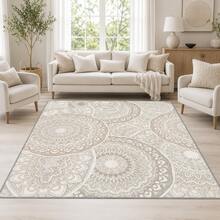 Carpet-Wah 歐式波斯風地毯,適合房間裝飾,絲滑觸感,柔軟天鵝絨材質,低絨毛麂皮易清潔,可機洗,米色,素色搭配優雅花卉圖案 - 波希米亞風 - 查看 5