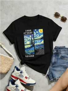 Camiseta de manga corta con cuello redondo suave y casual de verano para mujer, estampado gráfico de arte "La noche estrellada" de Van Gogh 1889 para usar en primavera y verano. - Negro - Ver 5
