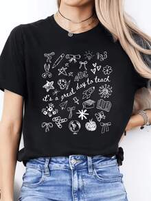 Symbols Of Creativity With Books, Pencils, Hearts, Stars, And Phrases That Inspire A Love Of Teaching And Imagination. Comfortable Casual Women's T-Shirt For Everyday Wear And Personal Expression. - 黑色 - 查看 8