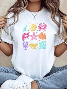 Colorful Marine Symbols Reflecting The Beauty Of The Ocean With Shells, Starfish, Coral, And Creatures That Evoke Freedom, Calm, And Connection With Nature. Comfortable Casual Women's T-Shirt For Everyday Wear. - 白色 - 查看 6