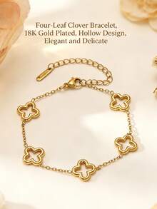 VceTd 1 Set Perhiasan Stainless Steel Motif Daun Semanggi yang Modis, Cocok untuk Wanita, untuk Bepergian atau Pemakaian Sehari-hari - Yellow Gold - View 8