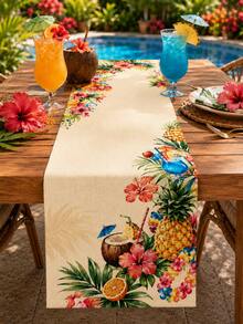 1pc-Hawaiian Pool Party Table Runner, Hibiscus Print Linen Table Runner, Suitable For Summer Luo Parties, Tiki Parties, Beach Weddings, Dining Tables, Coffee Tables, Indoor And Outdoor Party Supplies. - Multicolor - View 5
