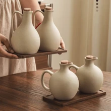 2 peças/1 peça Garrafa de Óleo Cerâmica de 500ml (17oz)/600ml (20oz) com Tampa de Cortiça Macia, Dispensador de Condimentos Redondo de Cozinha para Molho de Soja, Vinagre, Azeite e Óleo de Amendoim - Castanho - Visão 2