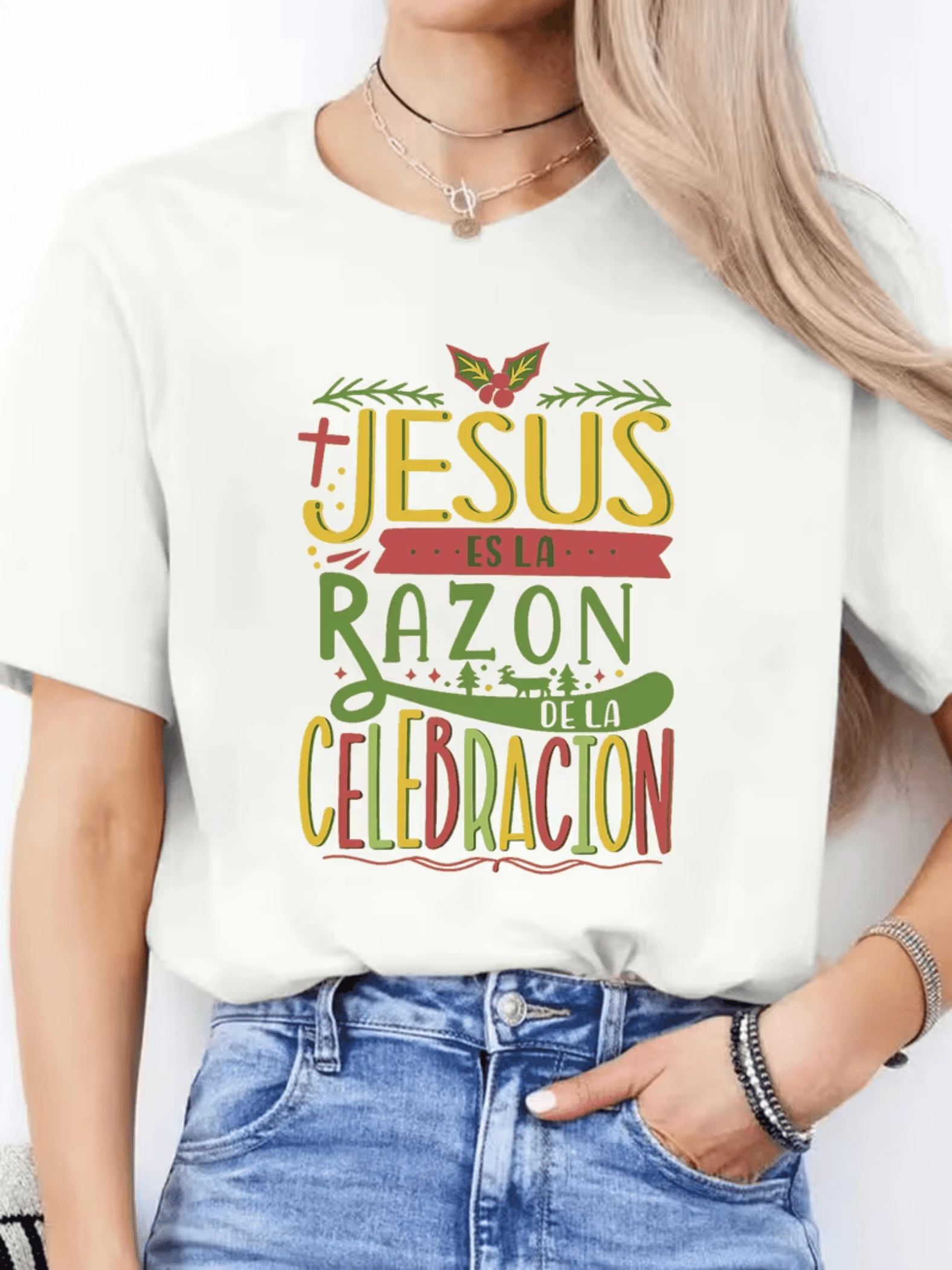 Spiritual Phrase With Cross And Leaves That Inspires Faith, Hope And Gratitude, Reminding Us Of The True Reason For Joy And Family Unity. Casual Women's T-Shirt With Positive Message - 白色 - 查看 1