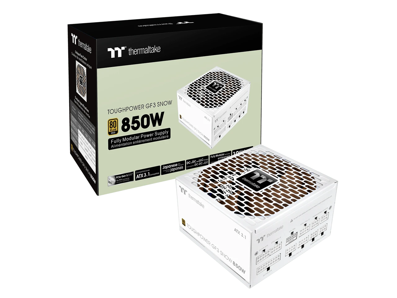 Thermaltake Toughpower GF3 850W; ATX 3.1; Native PCIe 5.1 12V-2x6; Full Modular; Flat Cables; Color Matched Connectors; Japanese Main Capacitors; Colored Custom 135mm Fan; 80 Plus Gold Certified; Snow; PS-TPD-0850FNFAGU-S - US B Type Plug(110-127V) - View 1