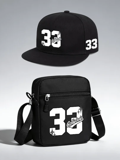 1 pièce/2 pièces "Californie 33" Casquette de baseball à visière plate unisexe avec imprimé numérique et sac banane, mode de rue, casquette et sac de sport outdoor, réglable, convient pour un port quotidien et comme cadeau