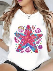 A Starfish Surrounded By Tropical Flowers And Colorful Shells Evokes The Energy Of The Ocean And The Beauty Of Summer, Creating A Feeling Of Freshness And Joy. A Comfortable, Casual Women's T-Shirt For Everyday Wear. - 白色 - 查看 6