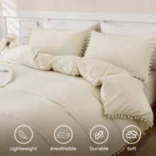 Double-Layer Quilt Cover Set - Light-Colored Fringed Velvet Ball Bedding Set (3-Piece Set) Including 2 Pillowcases. Soft And Comfortable Microfiber Double-Layer Bedding Set With Zipper Closure. Suitable For All Seasons (200x200 Cm) - Seersucker (Beige) - View 7